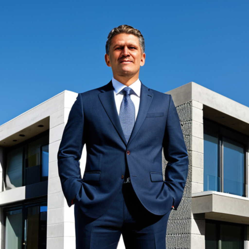 A professional architect in a modest business suit, fully clothed, standing confidently in front of a meticulously constructed modern house. The house showcases strong, durable materials like reinforced concrete and energy-efficient AAC blocks. The background features a clear blue sky, emphasizing the structural integrity and longevity of the building. The image highlights architectural excellence and meticulous planning. Perfect anatomy, correct proportions, natural pose, well-formed hands, proper finger count, natural body proportions. Safe for work, appropriate content, fully clothed, professional dress, high-quality professional photography, detailed, realistic rendering.