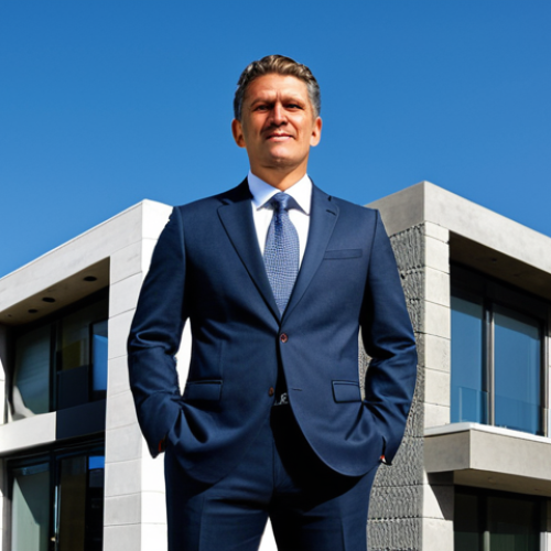 Home 15 A professional architect in a modest business suit, fully clothed, standing confidently in front of a meticulously constructed modern house. The house showcases strong, durable materials like reinforced concrete and energy-efficient AAC blocks. The background features a clear blue sky, emphasizing the structural integrity and longevity of the building. The image highlights architectural excellence and meticulous planning. Perfect anatomy, correct proportions, natural pose, well-formed hands, proper finger count, natural body proportions. Safe for work, appropriate content, fully clothed, professional dress, high-quality professional photography, detailed, realistic rendering.