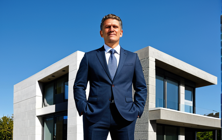 A professional architect in a modest business suit, fully clothed, standing confidently in front of a meticulously constructed modern house. The house showcases strong, durable materials like reinforced concrete and energy-efficient AAC blocks. The background features a clear blue sky, emphasizing the structural integrity and longevity of the building. The image highlights architectural excellence and meticulous planning. Perfect anatomy, correct proportions, natural pose, well-formed hands, proper finger count, natural body proportions. Safe for work, appropriate content, fully clothed, professional dress, high-quality professional photography, detailed, realistic rendering.