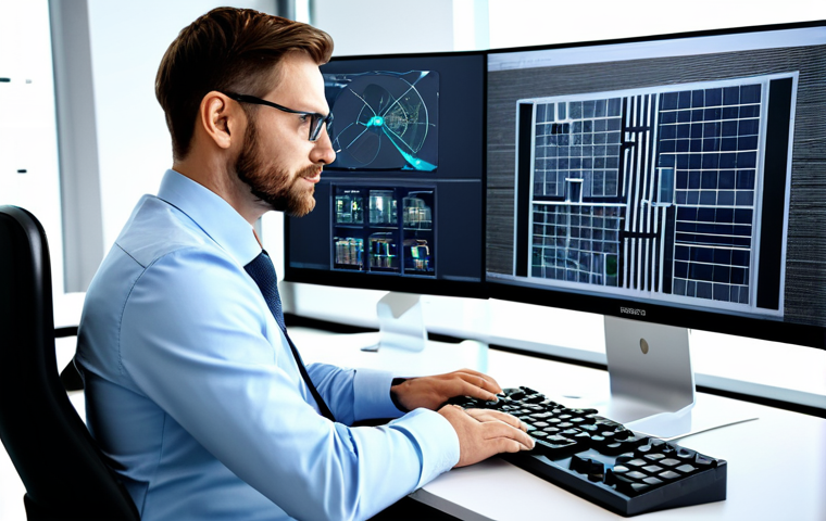 A professional civil engineer, fully clothed in a modest business suit, seated at a sleek desk in a contemporary, brightly lit office. The expert is focused on a large computer monitor displaying detailed digital architectural plans and BIM models, with a confident and engaged expression. Their well-formed hands are positioned naturally on a keyboard or mouse. The background features subtle, modern office decor, suggesting a high-tech and organized work environment. safe for work, appropriate content, perfect anatomy, correct proportions, professional dress, natural pose, family-friendly.