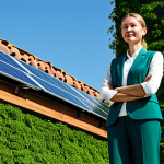 A professional female architect, fully clothed in a modest business suit, stands confidently in front of a state-of-the-art green building. The building showcases prominent rooftop solar panels, a lush living wall (vertical garden), and large, energy-efficient windows reflecting a clear blue sky. The surrounding landscape features well-maintained eco-friendly flora. The image conveys innovation and sustainability in architecture. This is a safe for work, appropriate content, fully clothed, professional image, with perfect anatomy, correct proportions, natural pose, well-formed hands, proper finger count, and natural body proportions, captured with high-resolution, photorealistic detail.