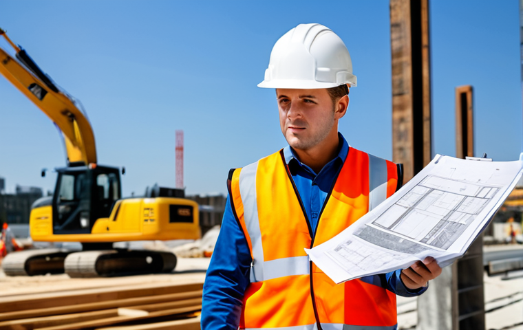 **
A professional civil engineer in a modern construction site wearing a hard hat and safety vest, reviewing blueprints, fully clothed, appropriate attire, safe for work, perfect anatomy, natural proportions, professional photography, high quality, construction vehicles in the background, sunny day.
**
