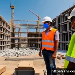시공 분야에서의 기술 발전 - A bustling construction site in India featuring workers wearing smart safety gear such as sensor-equ...