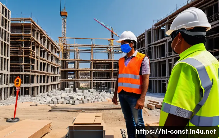 시공 분야에서의 기술 발전 - A bustling construction site in India featuring workers wearing smart safety gear such as sensor-equ...