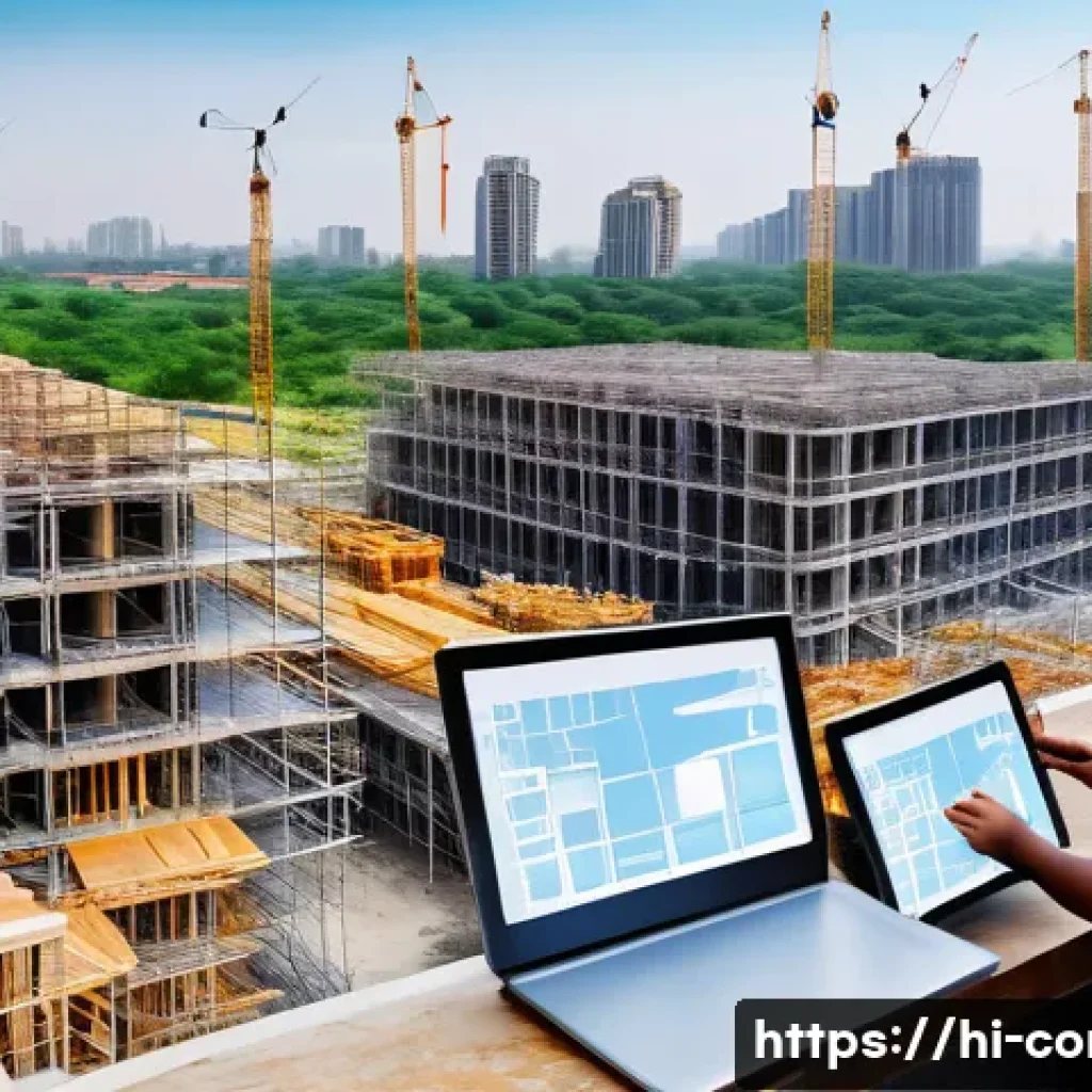시공 전문가를 위한 업계 뉴스 요약 - A bustling construction site in India featuring advanced digital tools like BIM (Building Informatio...