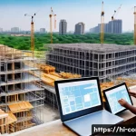 시공 전문가를 위한 업계 뉴스 요약 - A bustling construction site in India featuring advanced digital tools like BIM (Building Informatio...