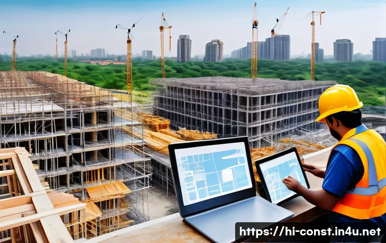 시공 전문가를 위한 업계 뉴스 요약 - A bustling construction site in India featuring advanced digital tools like BIM (Building Informatio...