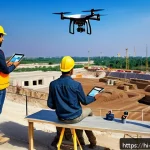 건축 시공과 품질 관리 - A high-tech construction site featuring a drone flying over uneven terrain capturing detailed aerial...