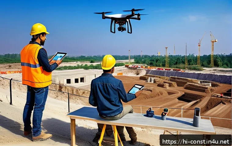 건축 시공과 품질 관리 - A high-tech construction site featuring a drone flying over uneven terrain capturing detailed aerial...