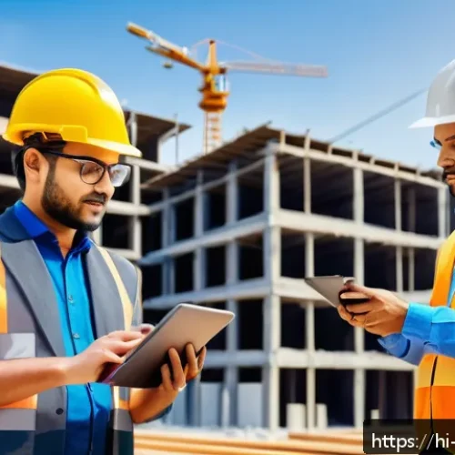 건축 시공 관련 사례 분석 - A modern construction site scene showcasing smart use of technology, featuring professionals operati...