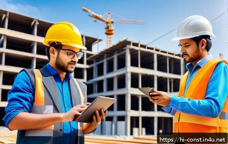 건축 시공 관련 사례 분석 - A modern construction site scene showcasing smart use of technology, featuring professionals operati...