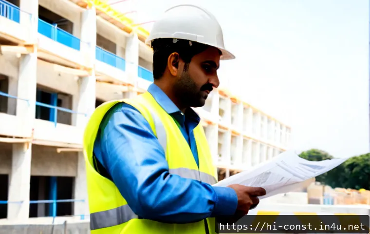 시공 전문가가 알아야 할 법규 - Photorealistic Indian construction professional in a clean high-visibility vest and hard hat reviewi...